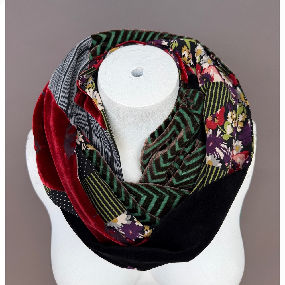 Koos of Course Mixed Media Infinity Scarf Velvet Floral Patchwork Art to Wear OS